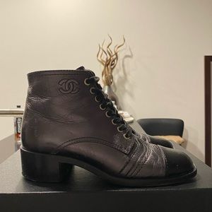 CHANEL Black Leather Lace-Up Ankle Boots